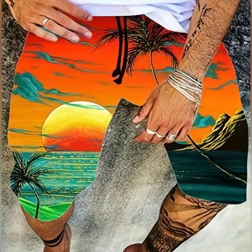 Vibrant Sunset Beach Shorts, Quick-Dry Fabric with Adjustable Drawstring